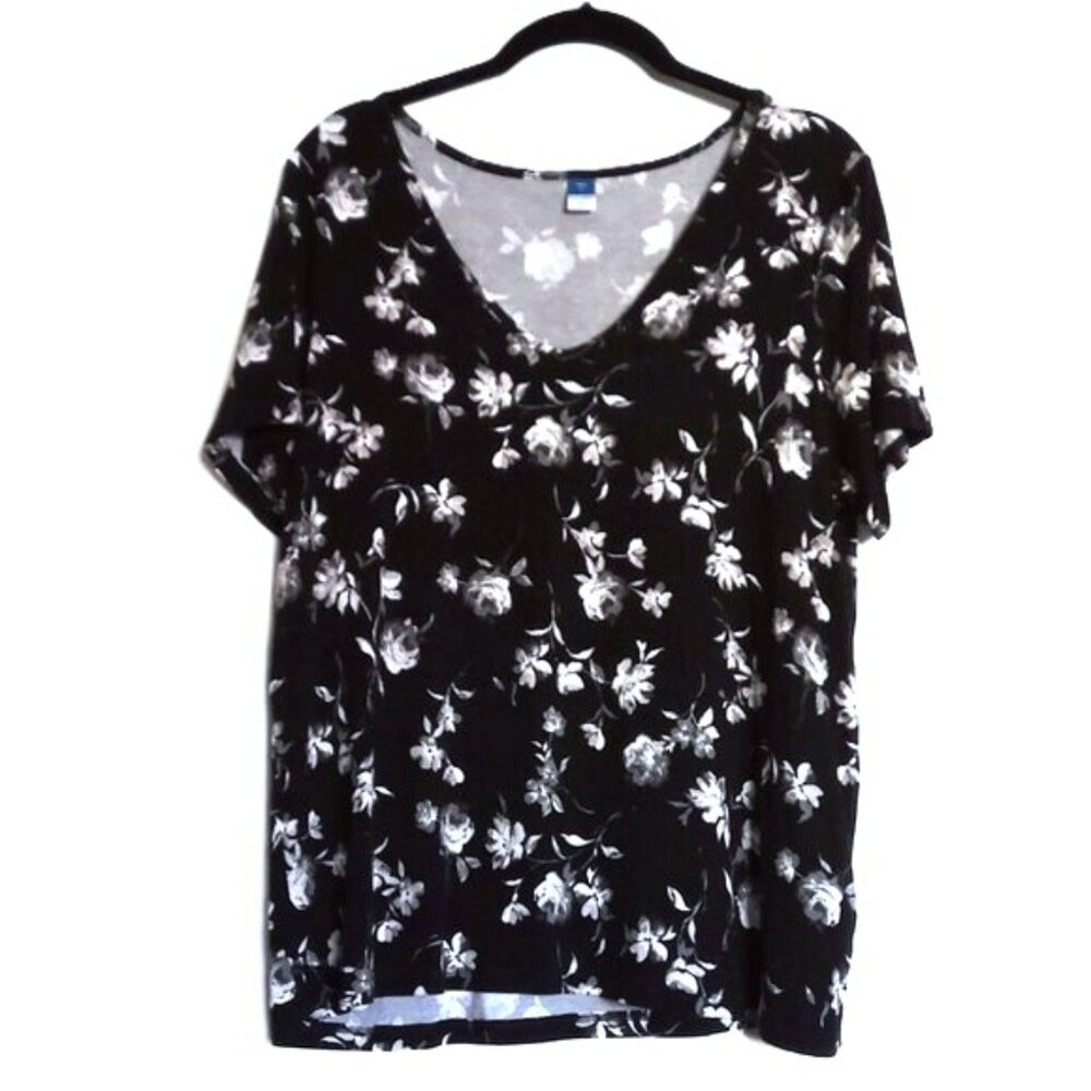 Old Navy Luxe Top V Neck Stretch Floral in Black White & Gray EUC Sz L